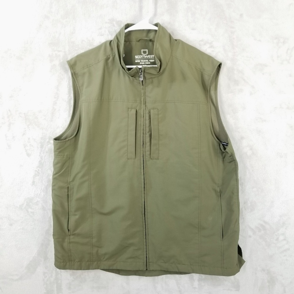 SCOTTeVEST Vest Mens XL Green RFID Travel Full Zip Multi Pocket TEC Outdoor